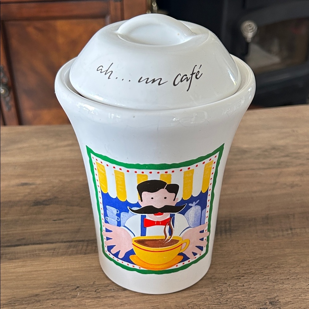 White Ceramic Coffee Canister with Mustache Design